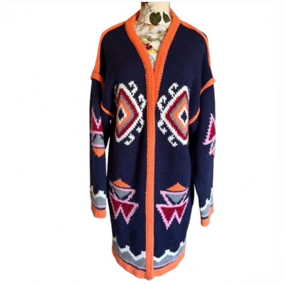 SOUTHWEST CARDIGAN LONG CHUNKY KNIT NAVY GEOMETRIC SWEATER COAT MEDIUM NO TAGS